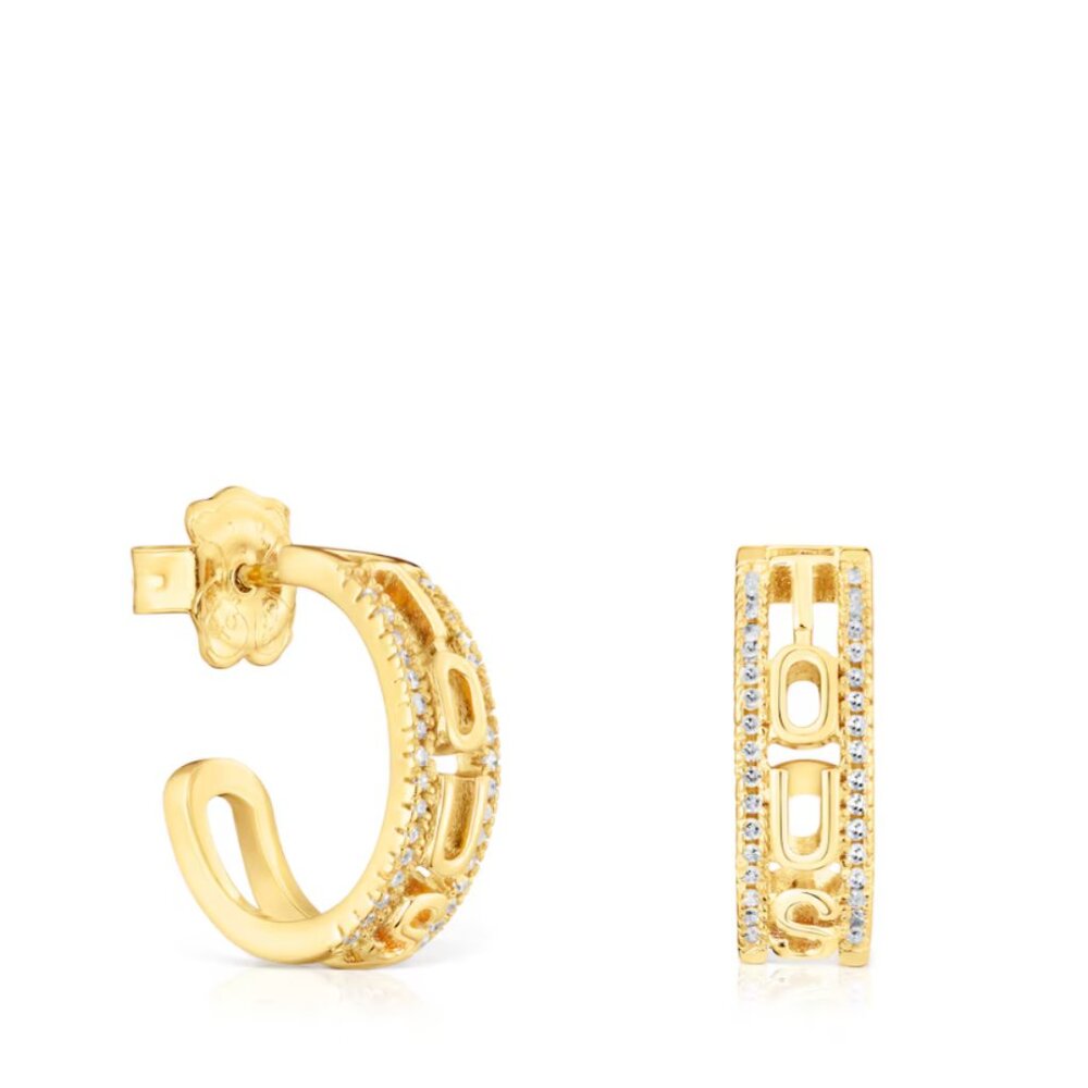 Tous Silver vermeil Hoop earrings with pave Logo